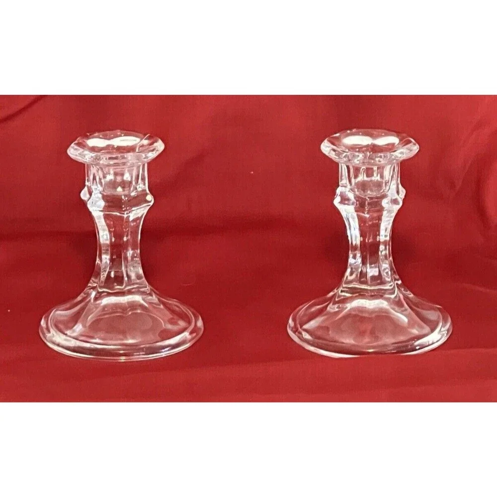 Clear Glass Crystal Candlestick Holders Pair Set Of 2 USA Vintage 4 in